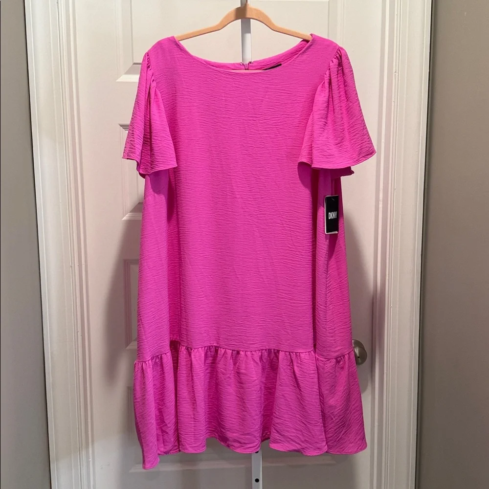 DKNY NWT‎ Size 18W Hot Pink Ruffle Sleeve Flounce Hem Shift Dress